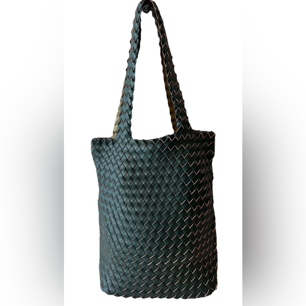 Dark Green Light Green Leather Like Large Reversible Woven Medium Large Tote Bag